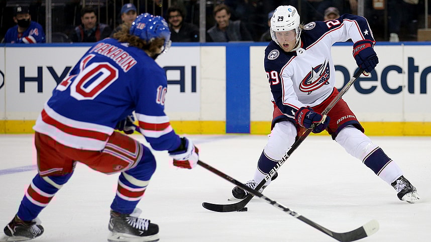 Oct 29, 2021; New York, New York, USA; Columbus Blue Jackets right wing Patrik Laine (29) controls the puck against New York Rangers left wing Artemi Panarin (10) during the second period at Madison Square Garden. Mandatory Credit: Brad Penner-USA TODAY Sports