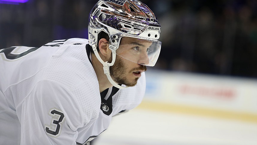 Dec 10, 2023; New York, New York, USA; Los Angeles Kings defenseman Matt Roy (3) awaits a face-off against the New York Rangers during the second period at Madison Square Garden. Mandatory Credit: Danny Wild-USA TODAY Sports