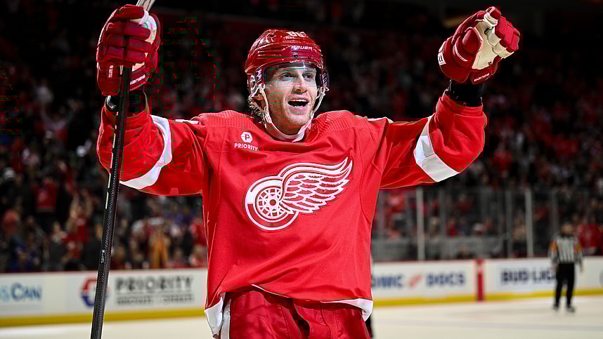 Apr 5, 2024; Detroit, Michigan, USA; Detroit Red Wings right wing Patrick Kane (88) celebrates center Dylan Larkin (not pictured) goal during the second period against the New York Rangers at Little Caesars Arena. Mandatory Credit: Tim Fuller-USA TODAY Sports