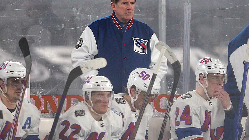 Feb 18, 2024; East Rutherford, New Jersey, USA; New York Rangers head coach Peter Laviolette coaches against the New York Islanders during the third period of a Stadium Series ice hockey game at MetLife Stadium. Mandatory Credit: Brad Penner-USA TODAY Sports