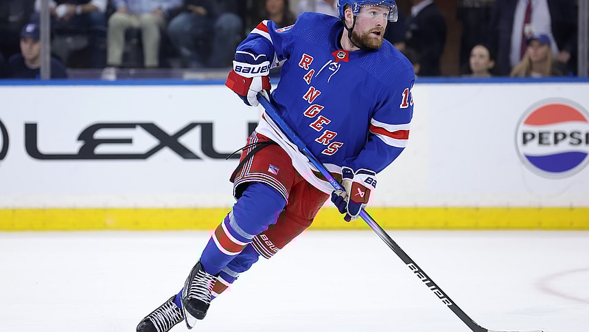 May 22, 2024; New York, New York, USA; New York Rangers left wing Alexis Lafreniere (13) skates against the Florida Panthers during the third period of game one of the Eastern Conference Final of the 2024 Stanley Cup Playoffs at Madison Square Garden. Mandatory Credit: Brad Penner-USA TODAY Sports