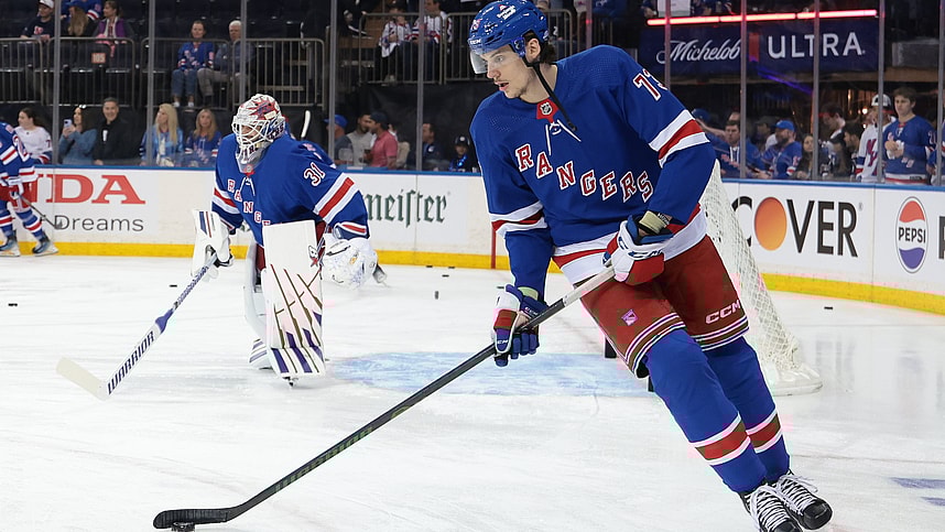 May 24, 2024; New York, New York, USA; New York Rangers center Matt Rempe (73) warms up before a game against the in front of goaltender Igor Shesterkin (31) before game two of the Eastern Conference Final of the 2024 Stanley Cup Playoffs against the Florida Panthers at Madison Square Garden. Mandatory Credit: Vincent Carchietta-USA TODAY Sports