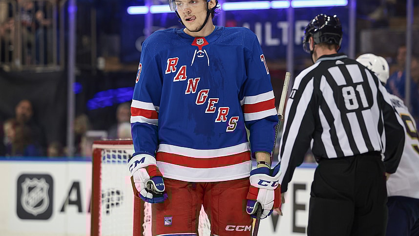 May 24, 2024; New York, New York, USA; New York Rangers center Matt Rempe (73) reacts after a play during the third period in game two of the Eastern Conference Final of the 2024 Stanley Cup Playoffs against the Florida Panthers at Madison Square Garden. Mandatory Credit: Vincent Carchietta-USA TODAY Sports