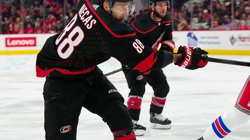 May 11, 2024; Raleigh, North Carolina, USA; Carolina Hurricanes center Martin Necas (88) takes a shot against the New York Rangers during the first period in game four of the second round of the 2024 Stanley Cup Playoffs at PNC Arena. Mandatory Credit: James Guillory-USA TODAY Sports