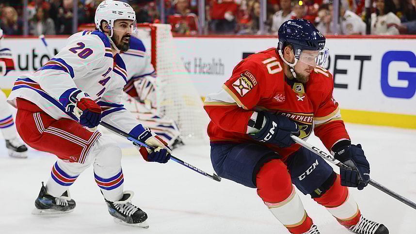 May 26, 2024; Sunrise, Florida, USA; Florida Panthers right wing Vladimir Tarasenko (10) moves the puck past New York Rangers left wing Chris Kreider (20) during the first period in game three of the Eastern Conference Final of the 2024 Stanley Cup Playoffs at Amerant Bank Arena. Mandatory Credit: Sam Navarro-USA TODAY Sports