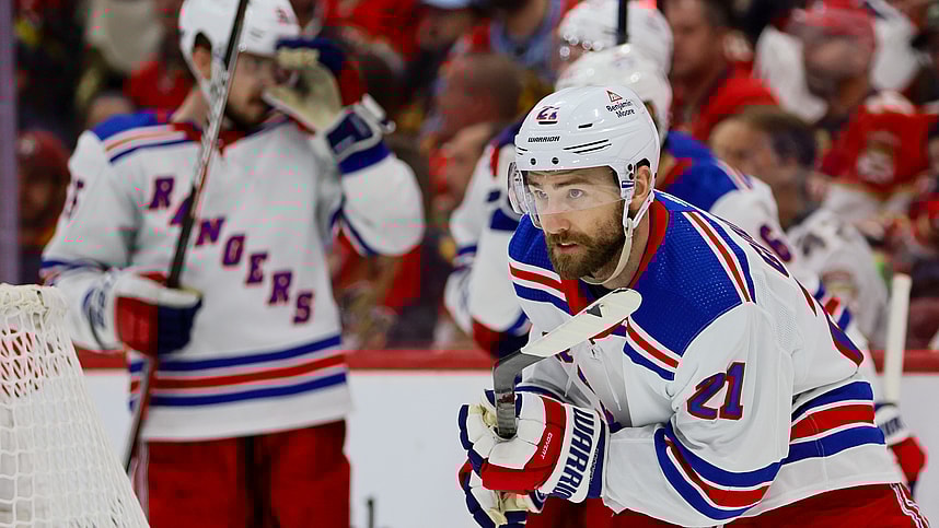 May 26, 2024; Sunrise, Florida, USA; New York Rangers center Barclay Goodrow (21) looks on after scoring against the Florida Panthers during the second period in game three of the Eastern Conference Final of the 2024 Stanley Cup Playoffs at Amerant Bank Arena. Mandatory Credit: Sam Navarro-USA TODAY Sports
