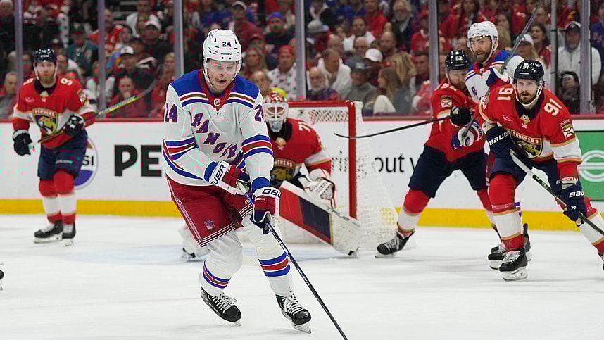 Jun 1, 2024; Sunrise, Florida, USA; New York Rangers right wing Kaapo Kakko (24) regroups in the Florida Panthers zone during the first period in game six of the Eastern Conference Final of the 2024 Stanley Cup Playoffs at Amerant Bank Arena. Mandatory Credit: Jim Rassol-USA TODAY Sports