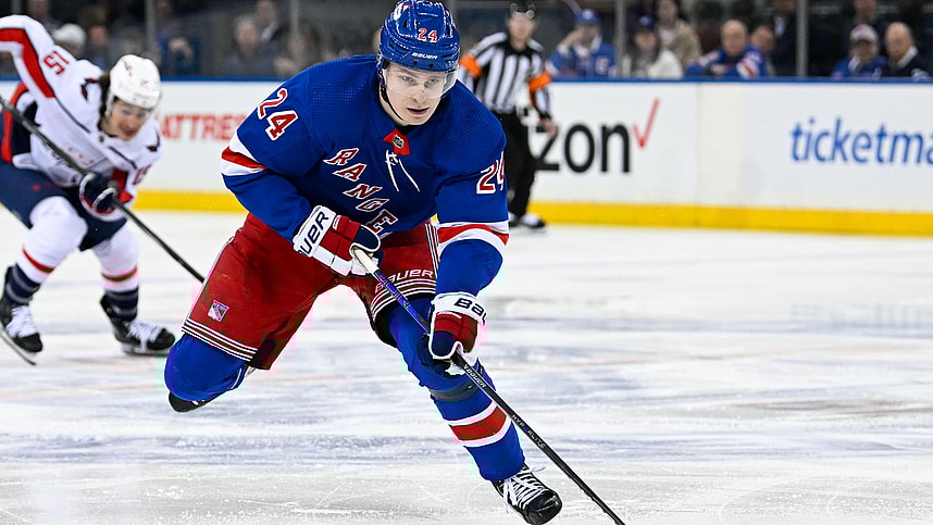 Apr 23, 2024; New York, New York, USA; New York Rangers right wing Kaapo Kakko (24) skates across the blue line against the Washington Capitals during the third period in game two of the first round of the 2024 Stanley Cup Playoffs at Madison Square Garden. Mandatory Credit: Dennis Schneidler-USA TODAY Sports