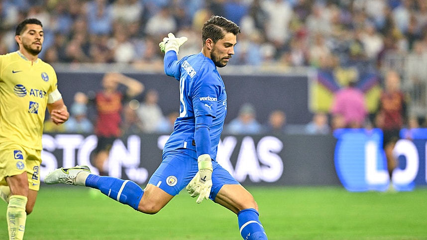 Jul 20, 2022; Houston, TX, USA; Manchester City goalkeeper Stefan Ortega (18) kicks the ball during the first half against the Club America at NRG Stadium. Mandatory Credit: Maria Lysaker-USA TODAY Sports
