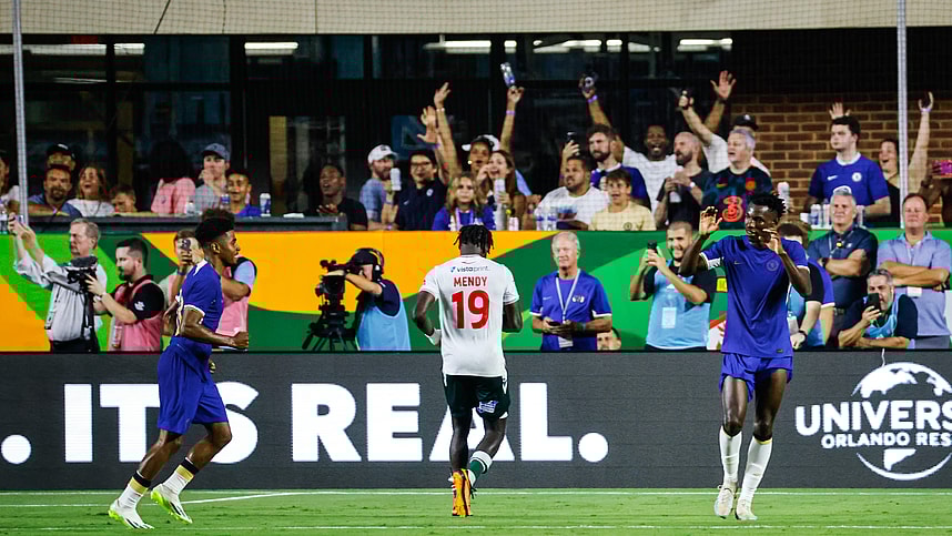 Jul 19, 2023; Chapel Hill, North Carolina, USA; Chelsea midfielder Ian Maatsen (38) scores a goal and celebrates against Wrexham at Kenan Memorial Stadium. Mandatory Credit: Jaylynn Nash-USA TODAY Sports