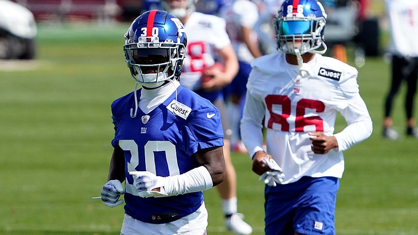 New York Giants cornerback Darnay Holmes (30) and wide receiver Darius Slayton (86) participate in organized team activities (OTA's) at the Giants training center on Wednesday, May 31, 2023, in East Rutherford.