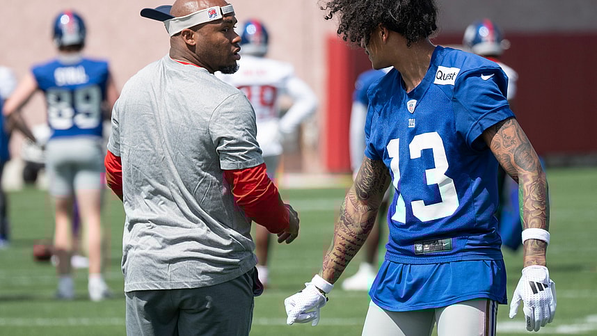 Right, Steve Smith, a former pro bowl NFL wide receiver, works with Jalin Hyatt, wide receiver. The NY Giants NFL team held an organized team activity at their training facility in East Rutherford, NJ on Thursday May 30, 2024.