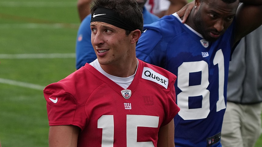 East Rutherford, NJ -- June 11, 2024 -- Quarterback Tommy DeVito walks off at the end of practice field at the NY Giants Mandatory Minicamp at their practice facility in East Rutherford, NJ.