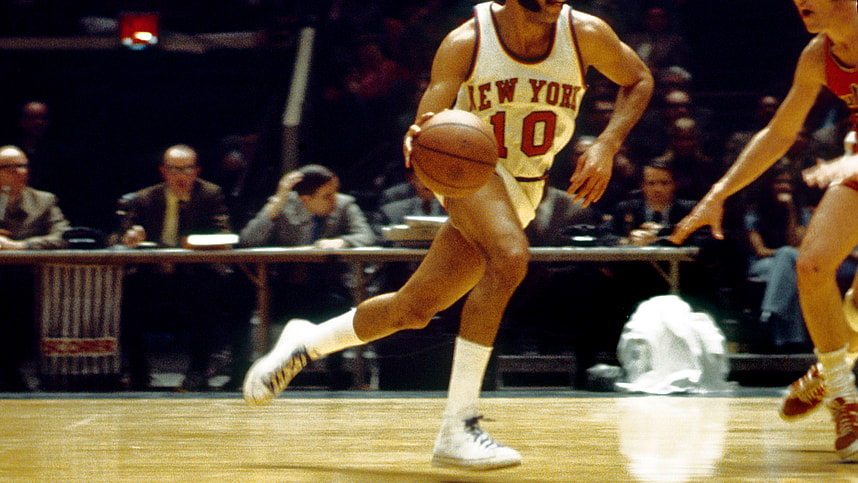 Mar 2, 1971; New York, NY, USA; FILE PHOTO; New York Knicks guard Walt Frazier (10) in action against the Baltimore Bullets at Madison Square Garden. Mandatory Credit: Manny Rubio-USA TODAY Sports