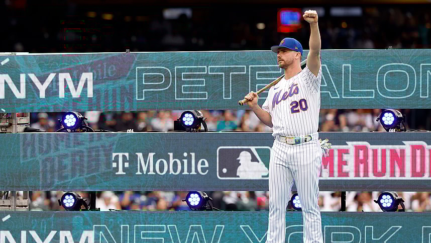 Jul 10, 2023; Seattle, Washington, USA; New York Mets first baseman Pete Alonso (20) before the All-Star Home Run Derby at T-Mobile Park. Mandatory Credit: Joe Nicholson-USA TODAY Sports