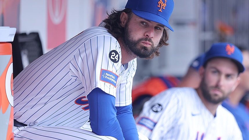 Jul 28, 2024; New York City, New York, USA; New York Mets outfielder Jesse Winker (3) sits in the dugout during the second inning against the Atlanta Braves at Citi Field. Mandatory Credit: Brad Penner-USA TODAY Sports