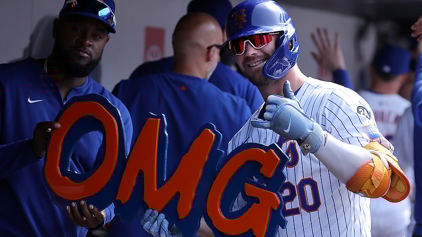Jul 28, 2024; New York City, New York, USA; New York Mets first baseman Pete Alonso (20) celebrates his two run home run against the Atlanta Braves in the dugout during the eighth inning at Citi Field. Mandatory Credit: Brad Penner-USA TODAY Sports