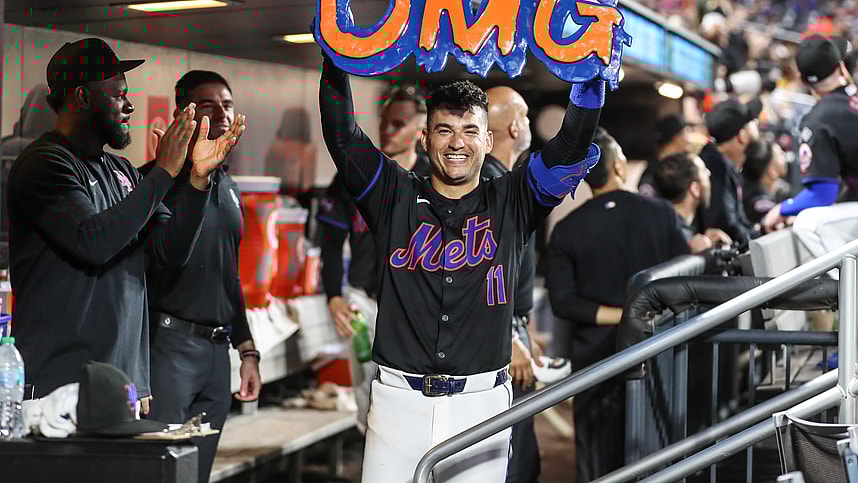 Jul 12, 2024; New York City, New York, USA; New York Mets second baseman Jose Iglesias (11) celebrates in the dugout after hitting a solo home run in the fifth inning against the Colorado Rockies at Citi Field. Mandatory Credit: Wendell Cruz-USA TODAY Sports