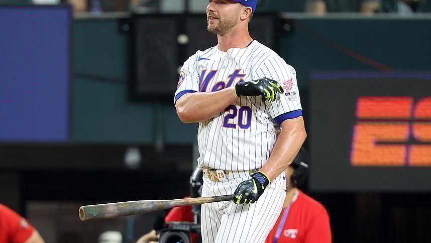 Jul 15, 2024; Arlington, TX, USA; National League first baseman Pete Alonso of the New York Mets (20) reacts during the 2024 Home Run Derby at Globe Life Field. Mandatory Credit: Kevin Jairaj-USA TODAY Sports