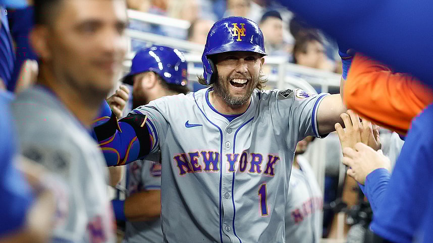Jul 22, 2024; Miami, Florida, USA; New York Mets second baseman Jeff McNeil (1) celebrates his home run against the Miami Marlins in the second inning at loanDepot Park. Mandatory Credit: Rhona Wise-USA TODAY Sports