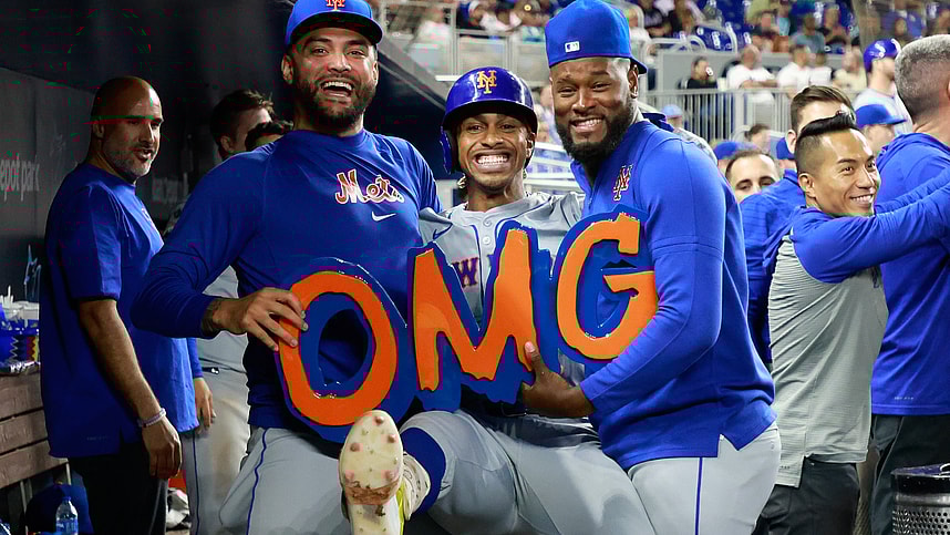 Jul 22, 2024; Miami, Florida, USA; New York Mets starting pitcher Luis Severino (40) shortstop Francisco Lindor (12) and New York Mets starting pitcher Sean Manaea (59) celebrate Lindor's home run against the Miami Marlins in the ninth inning at loanDepot Park. Mandatory Credit: Rhona Wise-USA TODAY Sports