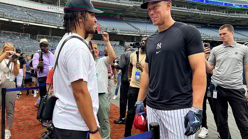 Jul 24, 2024; Bronx, New York, USA; New York Yankees center fielder Aaron Judge (99) talks to New York Knicks guard Jalen Brunson before a game against the New York Mets at Yankee Stadium. Mandatory Credit: Brad Penner-USA TODAY Sports