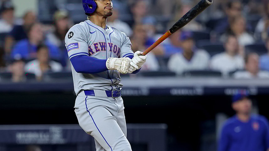 Jul 24, 2024; Bronx, New York, USA; New York Mets shortstop Francisco Lindor (12) watches his two run home run against the New York Yankees during the fifth inning at Yankee Stadium. Mandatory Credit: Brad Penner-USA TODAY Sports