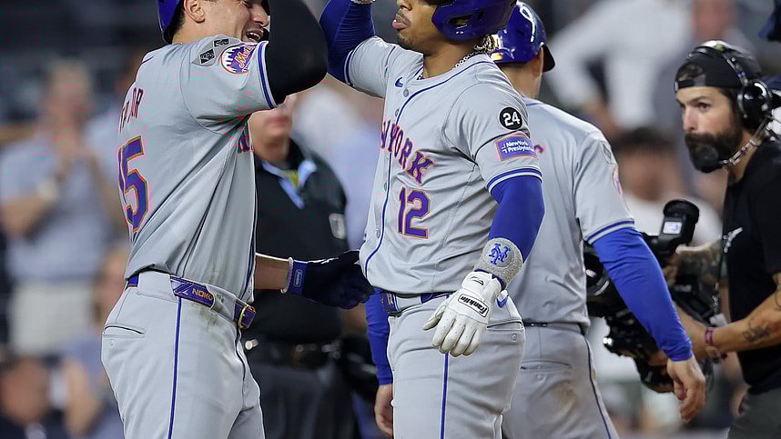 Jul 24, 2024; Bronx, New York, USA; New York Mets shortstop Francisco Lindor (12) celebrates his three run home run against the New York Yankees with center fielder Tyrone Taylor (15) during the eighth inning at Yankee Stadium. Mandatory Credit: Brad Penner-USA TODAY Sports