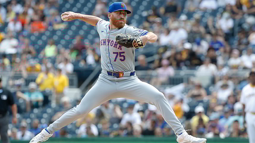 Jul 7, 2024; Pittsburgh, Pennsylvania, USA; New York Mets pitcher Reed Garrett (75) pitches against the Pittsburgh Pirates during the seventh inning at PNC Park. The Mets won 3-2. Mandatory Credit: Charles LeClaire-USA TODAY Sports