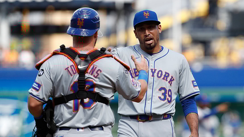 Jul 7, 2024; Pittsburgh, Pennsylvania, USA; New York Mets catcher Luis Torrens (13) and relief pitcher Edwin Diaz (39) celebrate after defeating the Pittsburgh Pirates during the ninth inning at PNC Park. The Mets won 3-2. Mandatory Credit: Charles LeClaire-USA TODAY Sports
