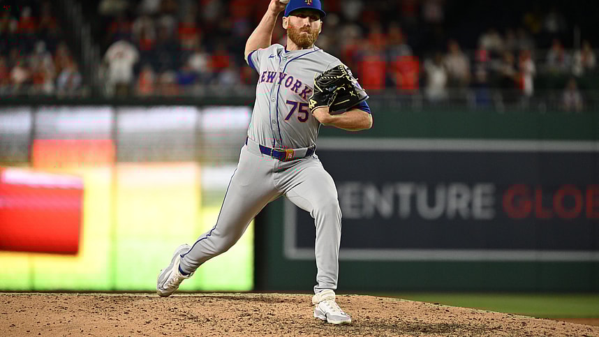 Jul 1, 2024; Washington, District of Columbia, USA; New York Mets relief pitcher Reed Garrett (75) prepares the throw a pitch against the Washington Nationals during the tenth inning at Nationals Park. Mandatory Credit: Rafael Suanes-USA TODAY Sports