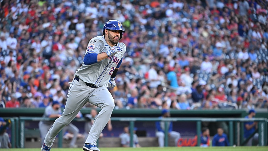 Jul 3, 2024; Washington, District of Columbia, USA; New York Mets designated hitter J.D. Martinez (28) sprints to first base after a base hit against the Washington Nationals during the fourth inning at Nationals Park. Mandatory Credit: Rafael Suanes-USA TODAY Sports, yankees