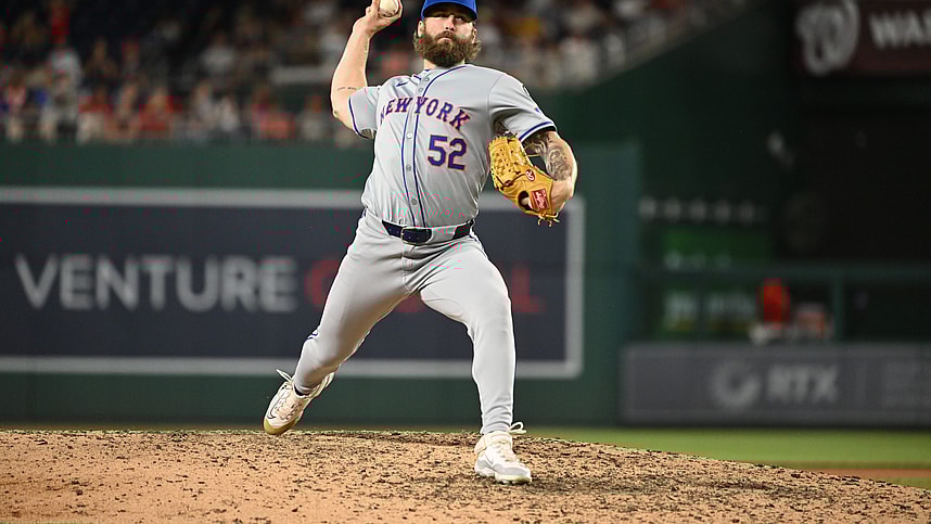 Jul 3, 2024; Washington, District of Columbia, USA; New York Mets relief pitcher Ty Adcock (52) throws a pitch against the Washington Nationals during the eighth inning at Nationals Park. Mandatory Credit: Rafael Suanes-USA TODAY Sports