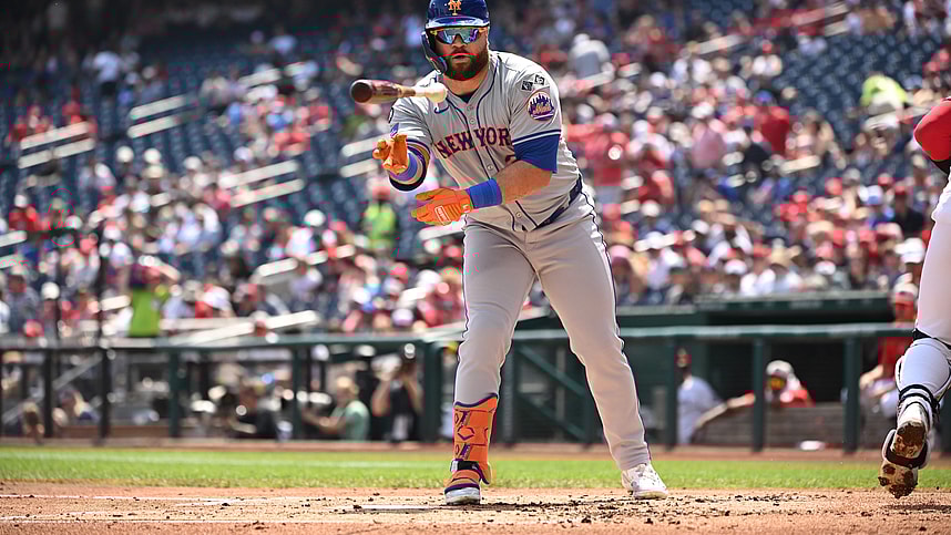 Jul 4, 2024; Washington, District of Columbia, USA; New York Mets right fielder DJ Stewart (29) tosses hit bat after drawing a walk against the Washington Nationals during the second inning at Nationals Park. Mandatory Credit: Rafael Suanes-USA TODAY Sports