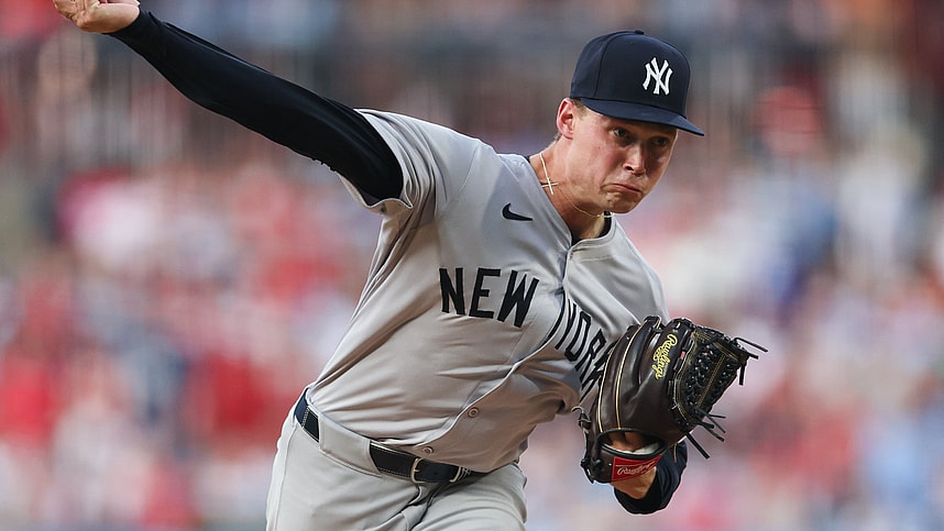 Jul 30, 2024; Philadelphia, Pennsylvania, USA; New York Yankees starting pitcher Will Warren (98) throws a pitch during the second inning against the Philadelphia Phillies at Citizens Bank Park. Mandatory Credit: Bill Streicher-USA TODAY Sports