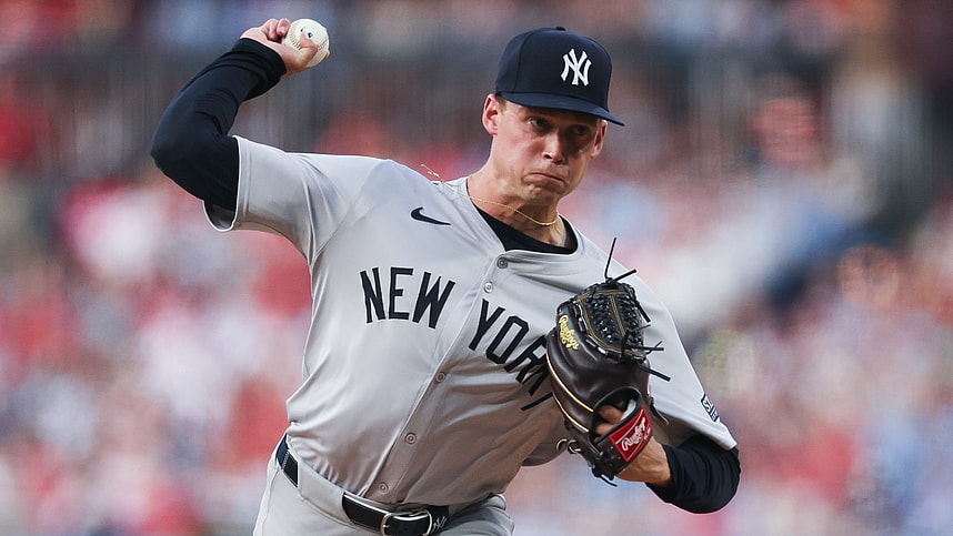 Jul 30, 2024; Philadelphia, Pennsylvania, USA; New York Yankees starting pitcher Will Warren (98) throws a pitch during the second inning against the Philadelphia Phillies at Citizens Bank Park. Mandatory Credit: Bill Streicher-USA TODAY Sports