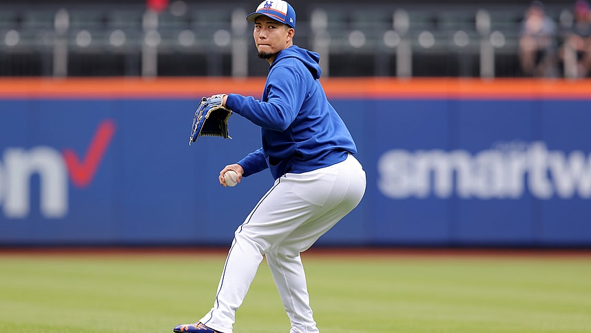May 14, 2024; New York City, New York, USA; New York Mets injured pitcher Kodai Senga (34) throws in the outfield before a game against the Philadelphia Phillies at Citi Field. Mandatory Credit: Brad Penner-USA TODAY Sports