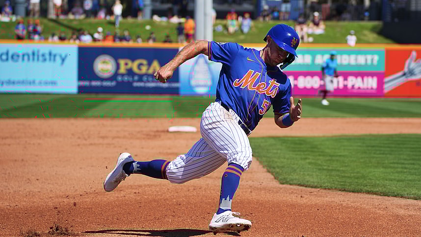 Feb 27, 2024; Port St. Lucie, Florida, USA;  New York Mets second baseman Rylan Bannon (58) rounds third base and scores a run in the third inning against the Miami Marlins at Clover Park. Mandatory Credit: Jim Rassol-USA TODAY Sports