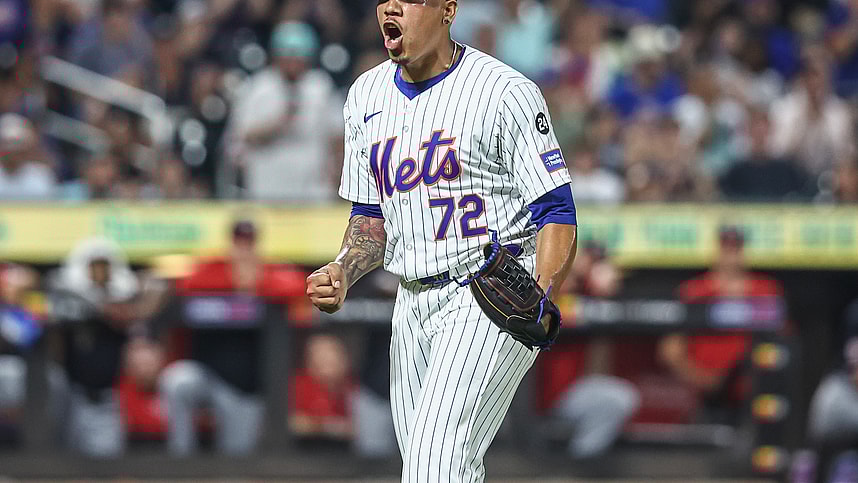 Jul 9, 2024; New York City, New York, USA; New York Mets relief pitcher Dedniel Núñez (72) reacts after retiring the side in the eighth inning against the Washington Nationals at Citi Field. Mandatory Credit: Wendell Cruz-USA TODAY Sports
