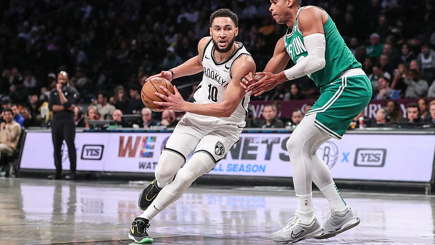 Feb 13, 2024; Brooklyn, New York, USA;  Brooklyn Nets guard Ben Simmons (10) drives past Boston Celtics center Al Horford (42) in the third quarter at Barclays Center. Mandatory Credit: Wendell Cruz-USA TODAY Sports