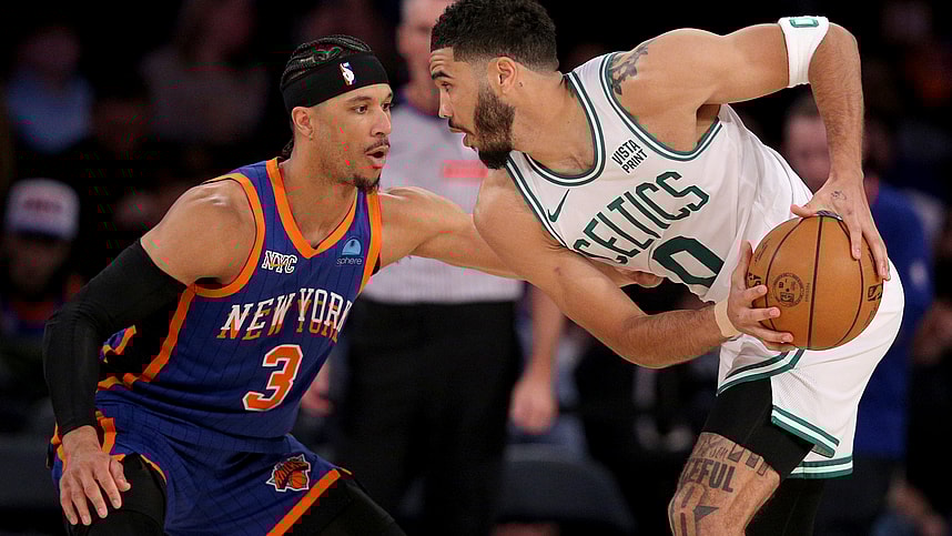 Feb 24, 2024; New York, New York, USA; Boston Celtics forward Jayson Tatum (0) controls the ball against New York Knicks guard Josh Hart (3) during the third quarter at Madison Square Garden. Mandatory Credit: Brad Penner-USA TODAY Sports