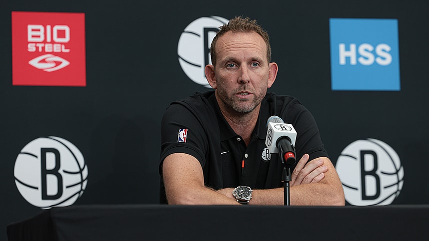 Sep 26, 2022; Brooklyn, NY, USA; Brooklyn Nets general manager Sean Marks talks to the media during media day at HSS Training Center. Mandatory Credit: Vincent Carchietta-USA TODAY Sports