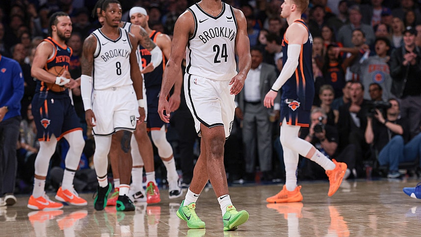 Apr 12, 2024; New York, New York, USA; Brooklyn Nets guard Cam Thomas (24) reacts after fouling New York Knicks guard Jalen Brunson (11) during the second half at Madison Square Garden. Mandatory Credit: Vincent Carchietta-USA TODAY Sports