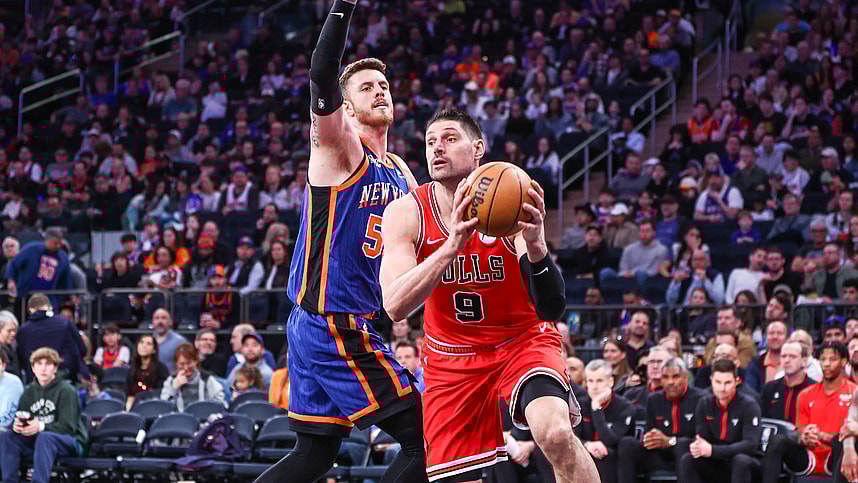Apr 14, 2024; New York, New York, USA;  Chicago Bulls center Nikola Vucevic (9) and New York Knicks center Isaiah Hartenstein (55) at Madison Square Garden. Mandatory Credit: Wendell Cruz-USA TODAY Sports