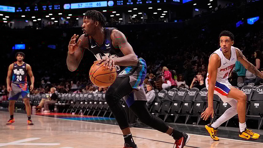 Apr 6, 2024; Brooklyn, New York, USA; Brooklyn Nets power forward Dorian Finney-Smith (28) dribbles the ball against the Detroit Pistons during the second half at Barclays Center. Mandatory Credit: Gregory Fisher-USA TODAY Sports