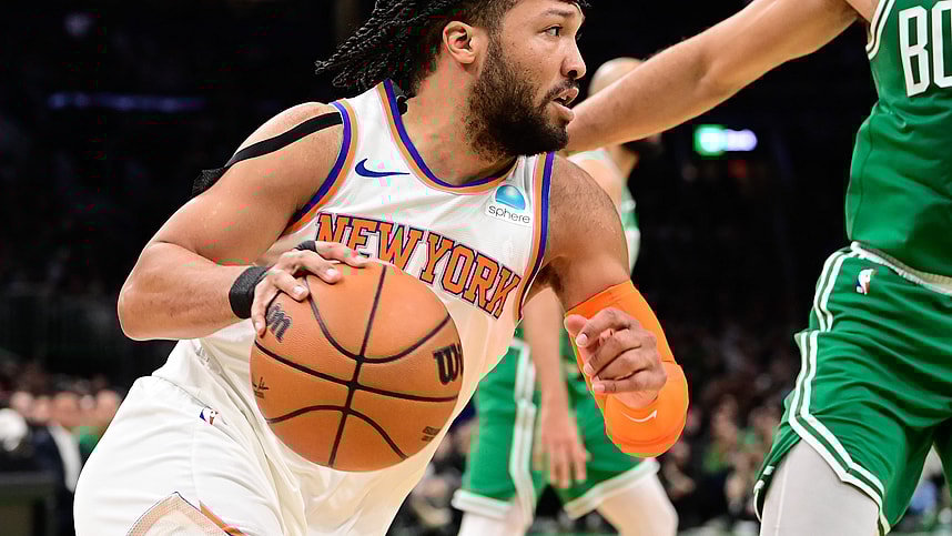 Dec 8, 2023; Boston, Massachusetts, USA; New York Knicks guard Jalen Brunson (11) drives to the basket during the first half against the Boston Celtics at TD Garden. Mandatory Credit: Eric Canha-USA TODAY Sports