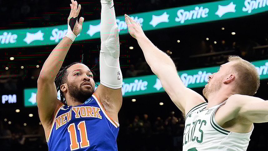 Apr 11, 2024; Boston, Massachusetts, USA;  New York Knicks guard Jalen Brunson (11) shoots the ball past Boston Celtics forward Sam Hauser (30) during the first half at TD Garden. Mandatory Credit: Bob DeChiara-USA TODAY Sports