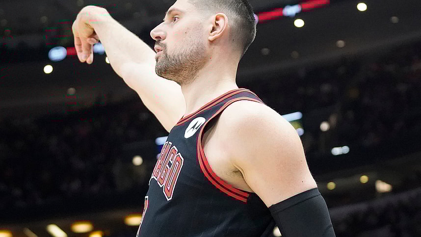 Apr 5, 2024; Chicago, Illinois, USA; Chicago Bulls center Nikola Vucevic (9) watches his three point basket go in against the New York Knicks during the first quarter at United Center. Mandatory Credit: David Banks-USA TODAY Sports