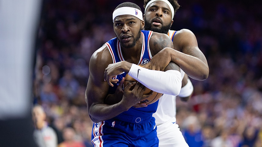 May 2, 2024; Philadelphia, Pennsylvania, USA; New York Knicks center Mitchell Robinson (23) and Philadelphia 76ers forward Paul Reed (44) wrestle for the ball during the second half of game six of the first round for the 2024 NBA playoffs at Wells Fargo Center. Mandatory Credit: Bill Streicher-USA TODAY Sports