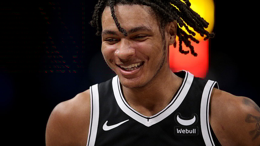 Apr 10, 2024; Brooklyn, New York, USA; Brooklyn Nets forward Noah Clowney (21) during the second quarter against the Toronto Raptors at Barclays Center. Mandatory Credit: Brad Penner-USA TODAY Sports